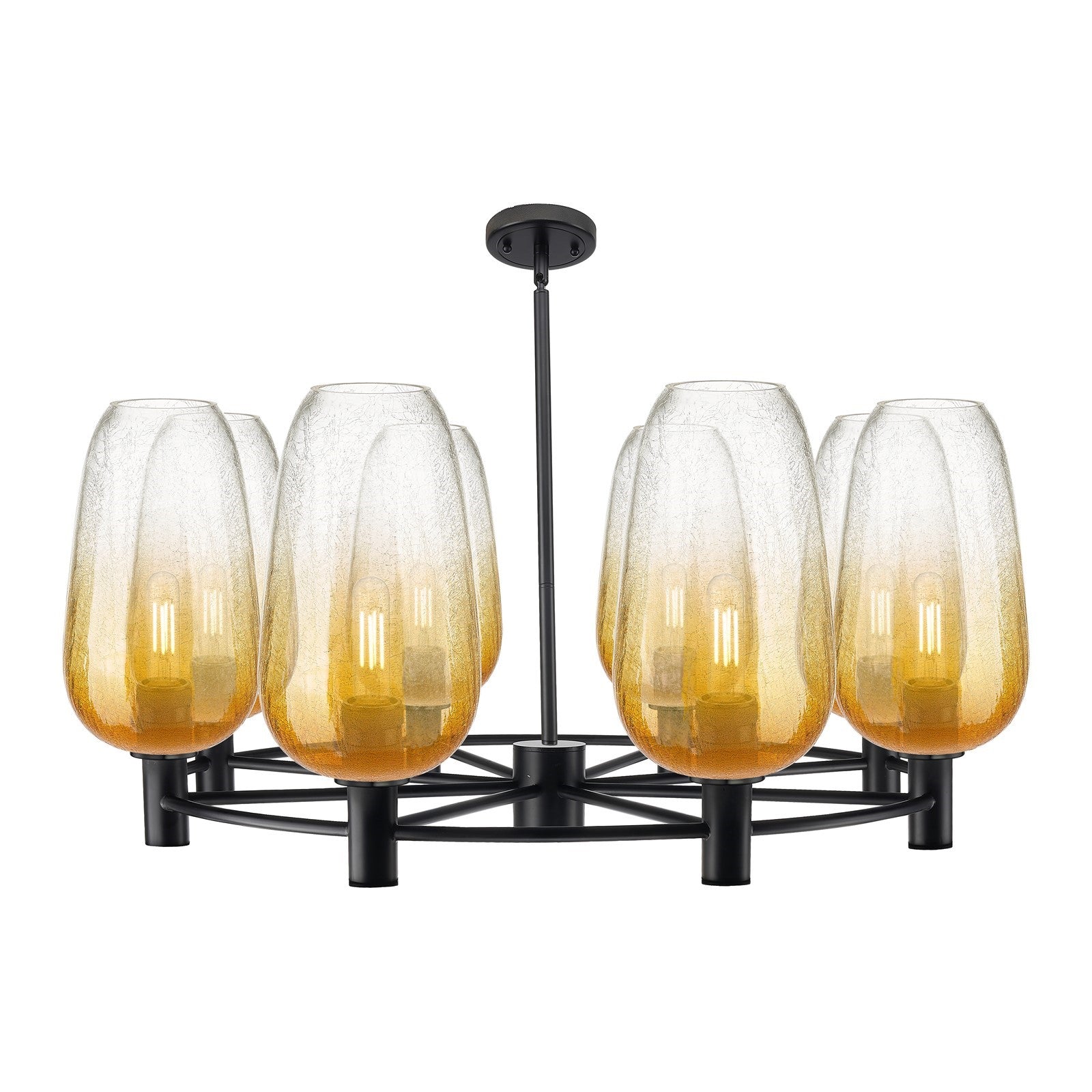 Innovations Brookhaven Flute 37in 8-Light Chandelier | Industrial Matte Black and Amber Glass | Dining Room & Kitchen | Model 434-8CR-BK-G484-7AM