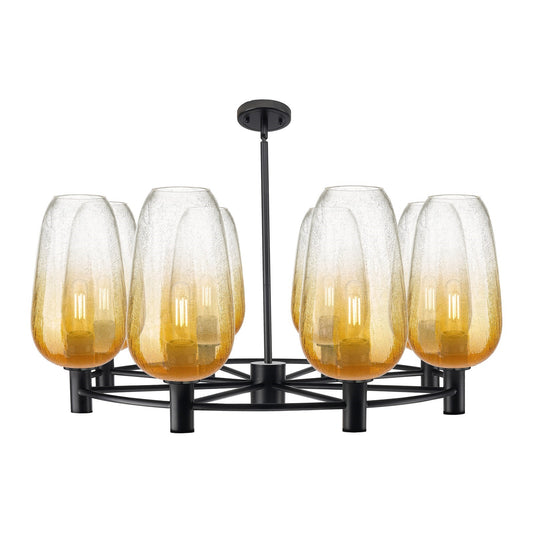 Innovations Brookhaven Flute 37in 8-Light Chandelier | Industrial Matte Black and Amber Glass | Dining Room & Kitchen | Model 434-8CR-BK-G484-7AM