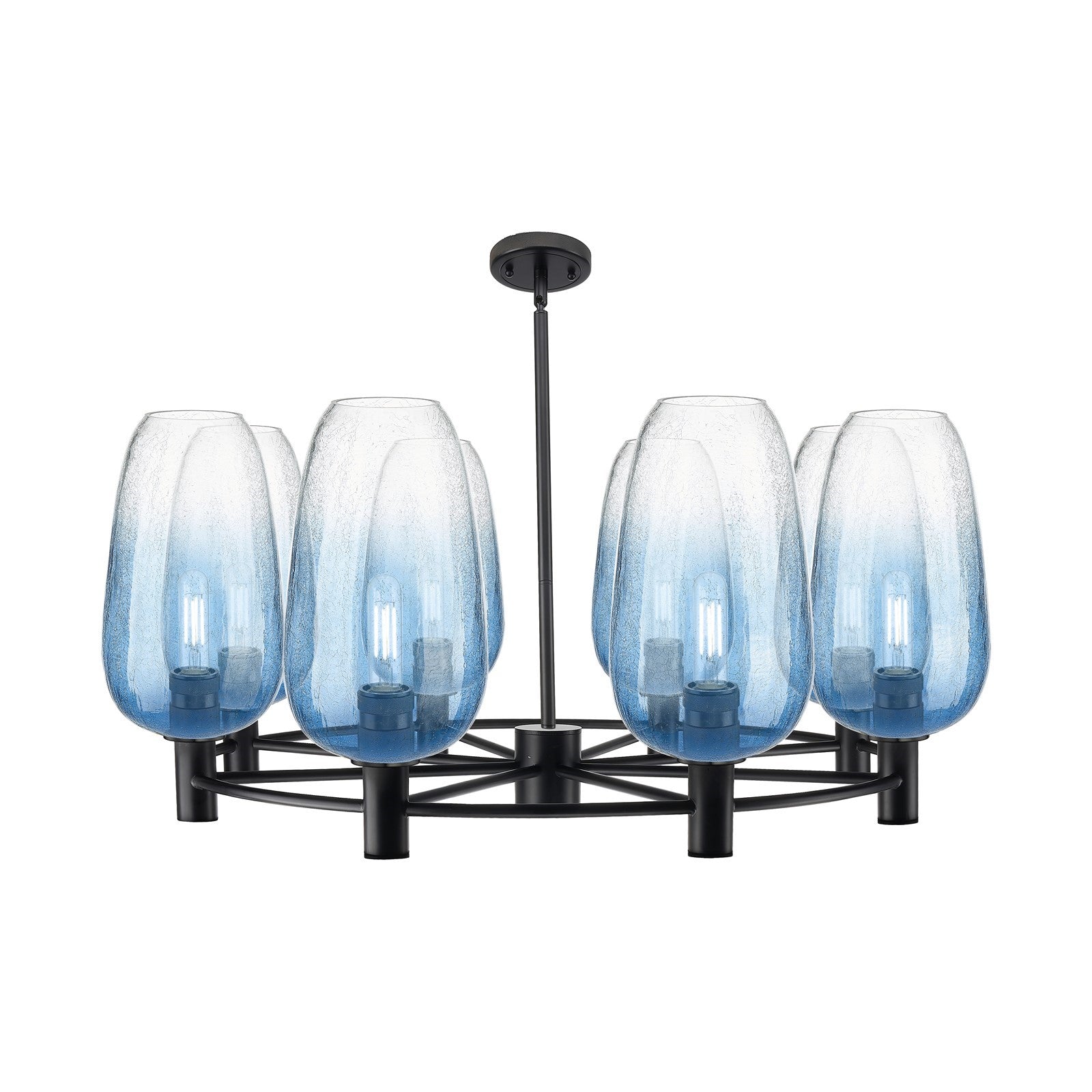 Innovations Brookhaven Flute 37in 8-Light Chandelier | Industrial Matte Black and Sapphire Blue Glass | Dining Room | Model 434-8CR-BK-G484-7SB