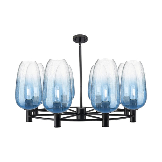 Innovations Brookhaven Flute 37in 8-Light Chandelier | Industrial Matte Black and Sapphire Blue Glass | Dining Room | Model 434-8CR-BK-G484-7SB