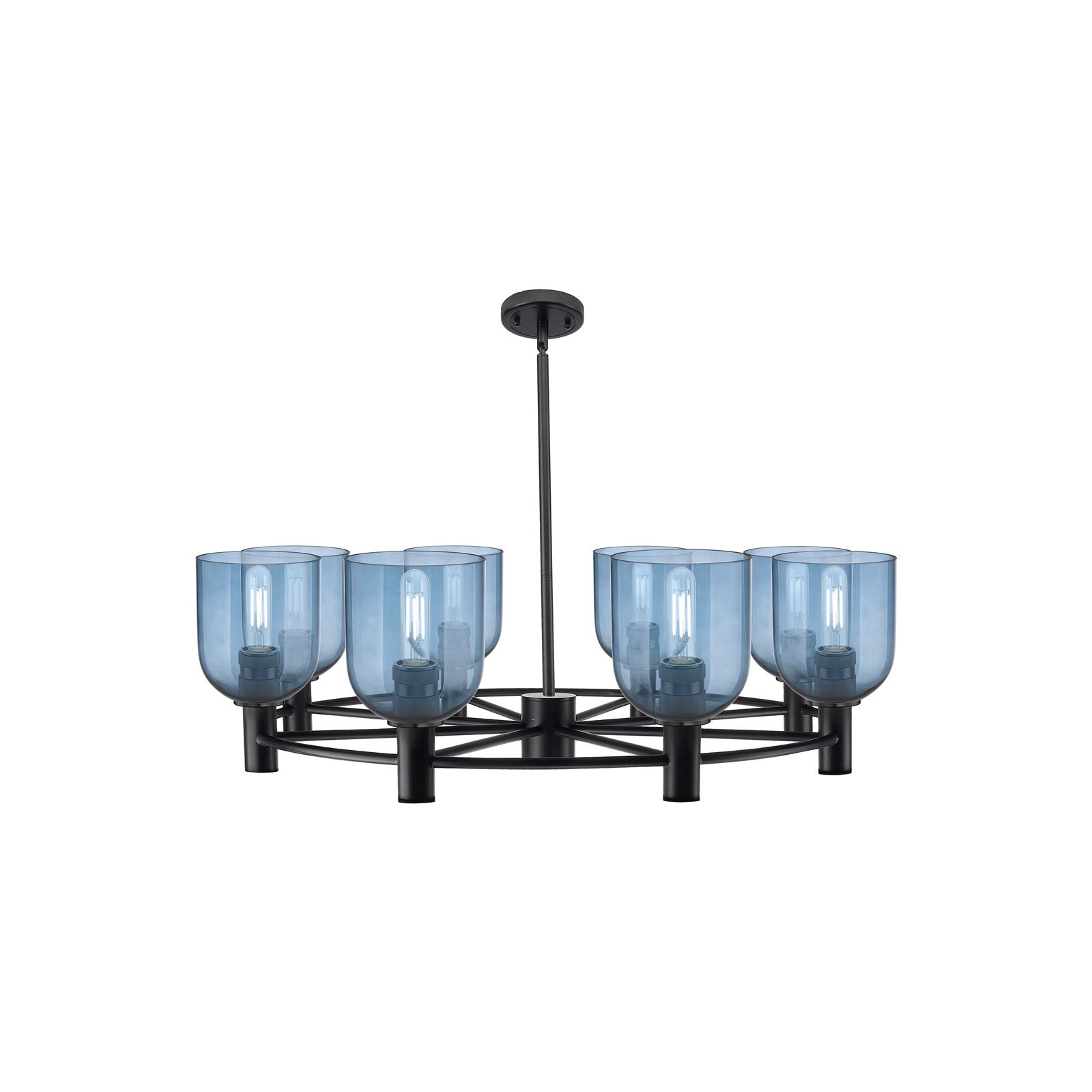Innovations Bella 35in 8-Light Chandelier | Industrial Matte Black and Blue Glass | Dining Room & Kitchen Island | Model 434-8CR-BK-G558-6BL