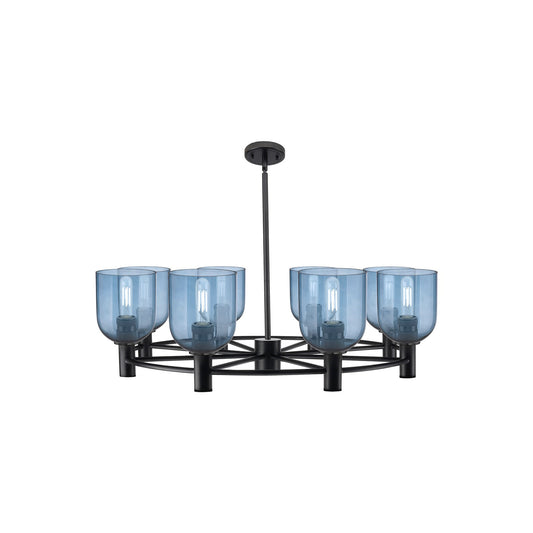 Innovations Bella 35in 8-Light Chandelier | Industrial Matte Black and Blue Glass | Dining Room & Kitchen Island | Model 434-8CR-BK-G558-6BL