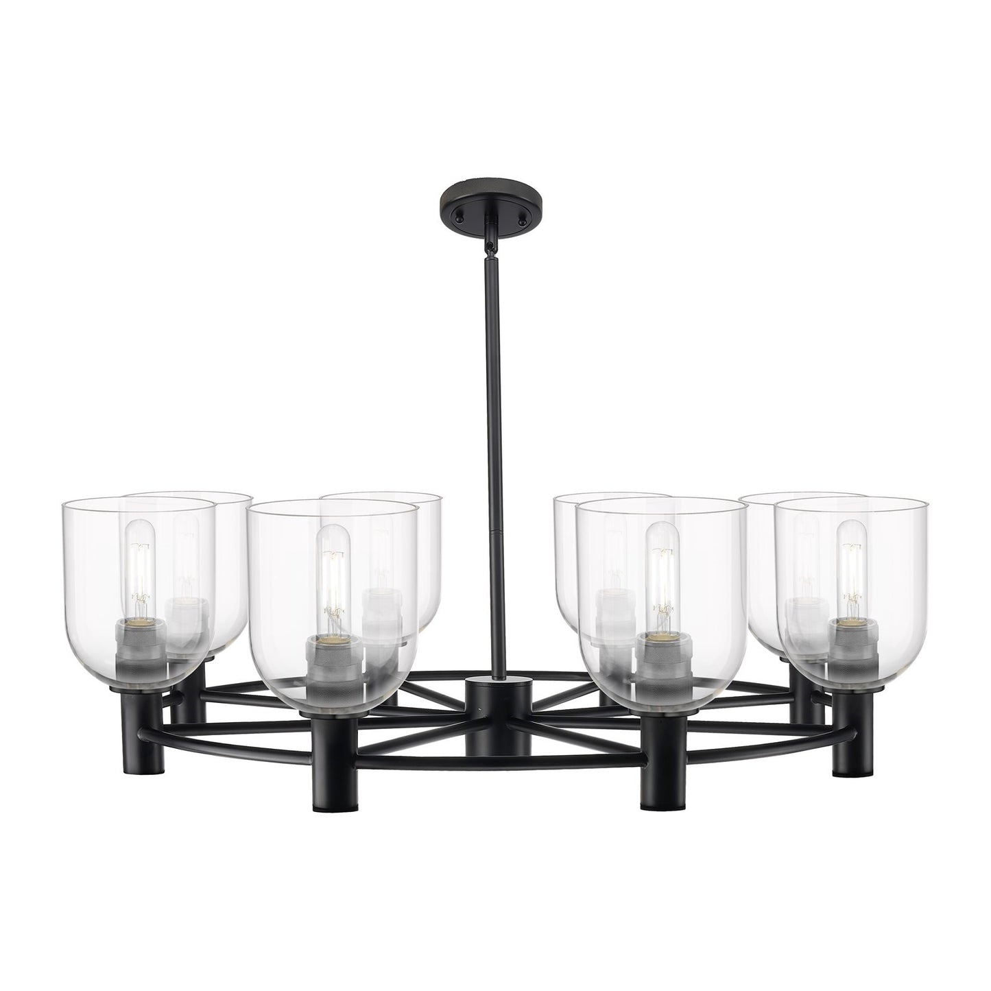 Innovations Bella 35in 8-Light Chandelier | Industrial Matte Black and Clear Glass | Dining Room & Kitchen Island | Model 434-8CR-BK-G558-6CL