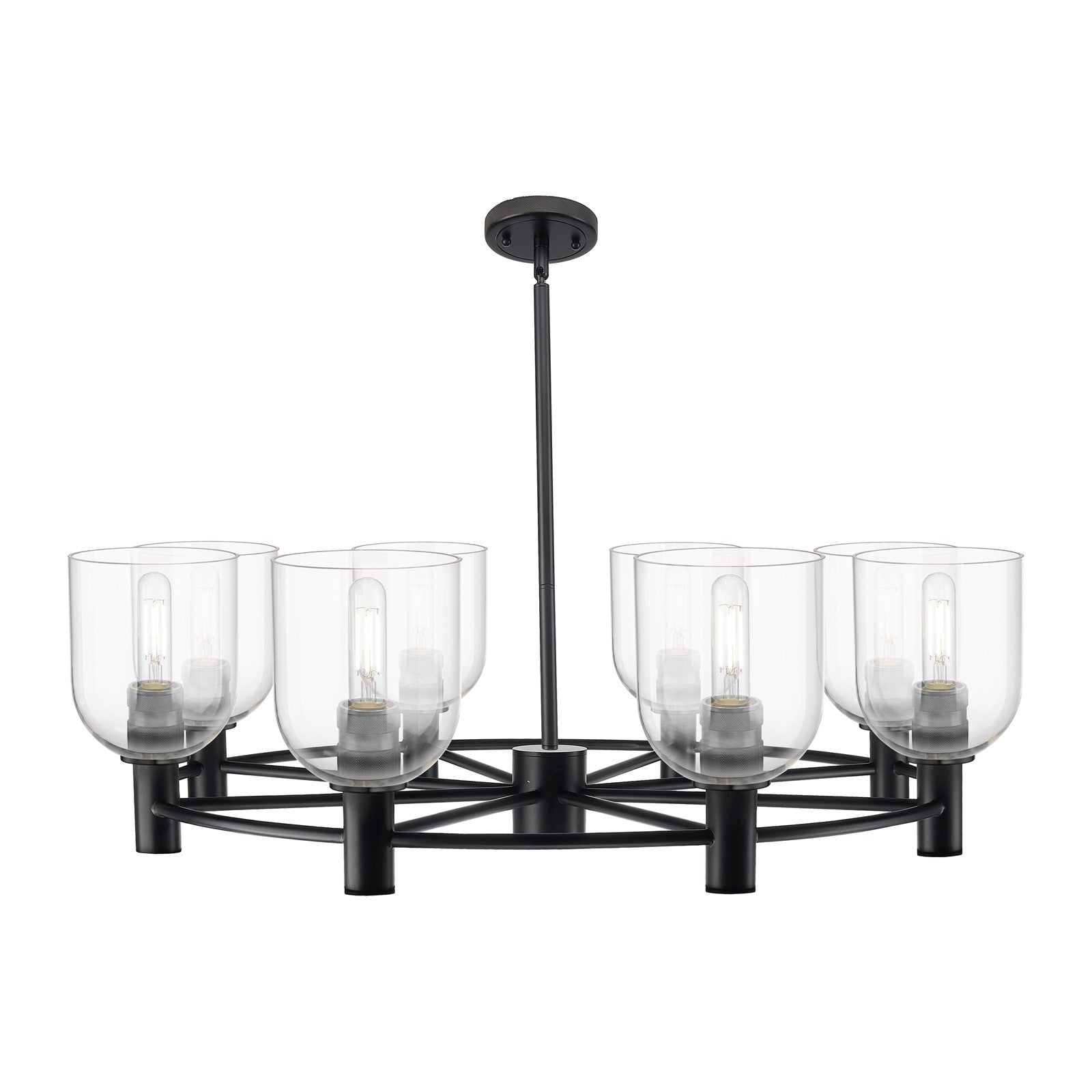 Innovations Bella 35in 8-Light Chandelier | Industrial Matte Black and Clear Glass | Dining Room & Kitchen Island | Model 434-8CR-BK-G558-6CL