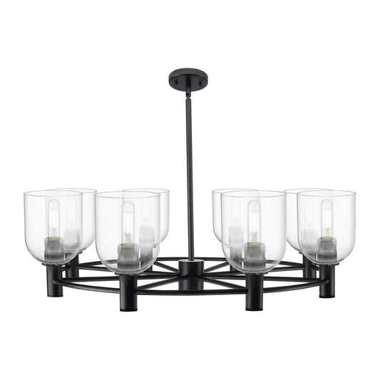 Innovations Bella 35in 8-Light Chandelier | Industrial Matte Black and Clear Glass | Dining Room & Kitchen Island | Model 434-8CR-BK-G558-6CL