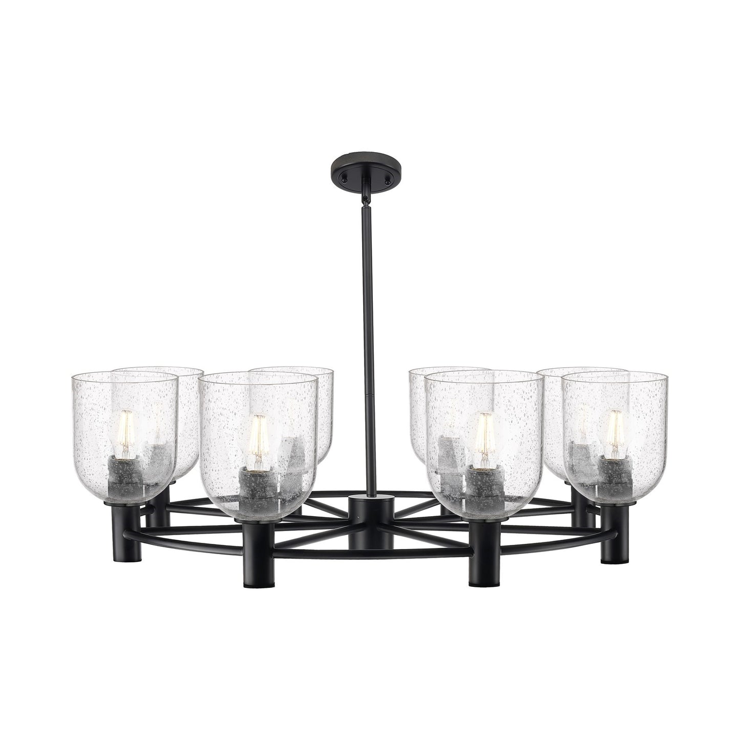 Innovations Bella 35in 8-Light Chandelier | Industrial Matte Black and Seedy Glass | Dining Room & Kitchen Island | Model 434-8CR-BK-G558-6SDY