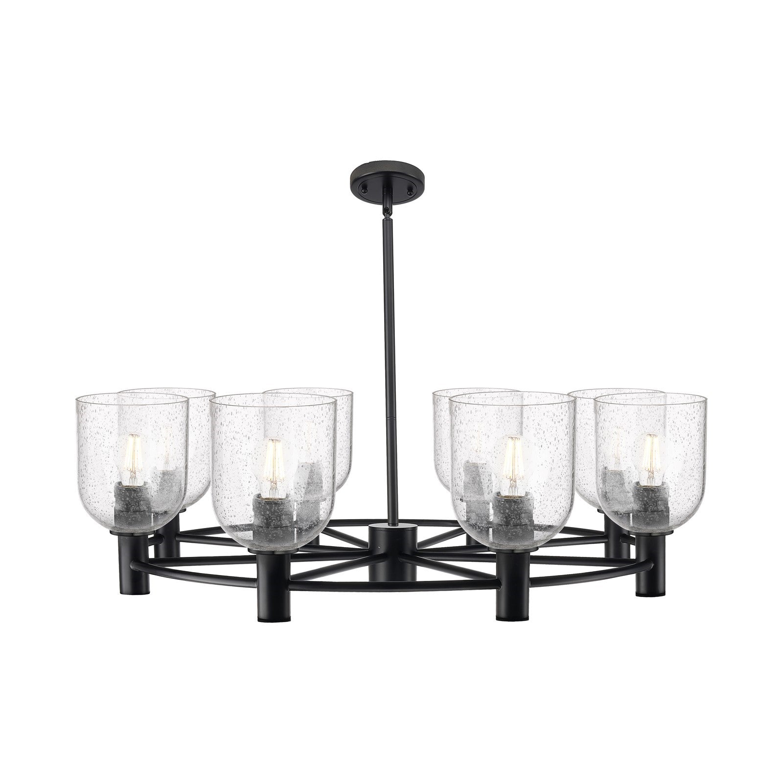 Innovations Bella 35in 8-Light Chandelier | Industrial Matte Black and Seedy Glass | Dining Room & Kitchen Island | Model 434-8CR-BK-G558-6SDY