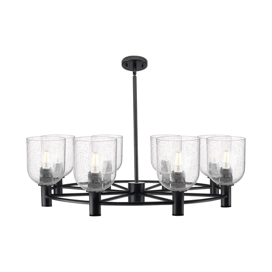 Innovations Bella 35in 8-Light Chandelier | Industrial Matte Black and Seedy Glass | Dining Room & Kitchen Island | Model 434-8CR-BK-G558-6SDY