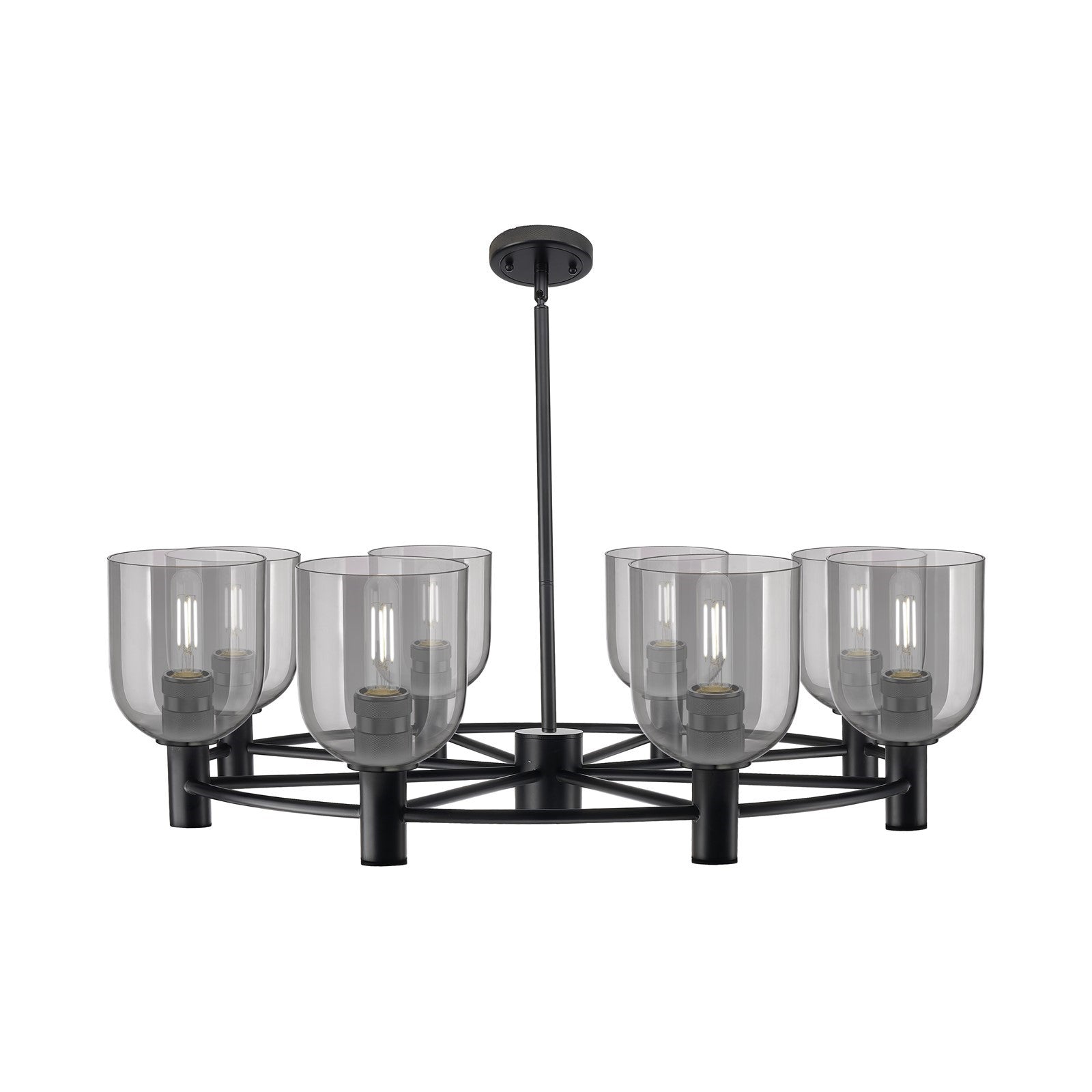 Innovations Bella 35in 8-Light Chandelier | Industrial Matte Black and Light Smoke Glass | Dining Room & Living Room | Model 434-8CR-BK-G558-6SM