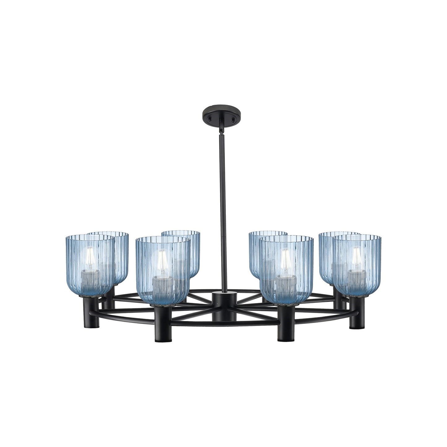Innovations Crown Point 34.625in 8-Light Chandelier | Industrial Matte Black and Princess Blue Glass | Dining Room | Model 434-8CR-BK-G559-5BL