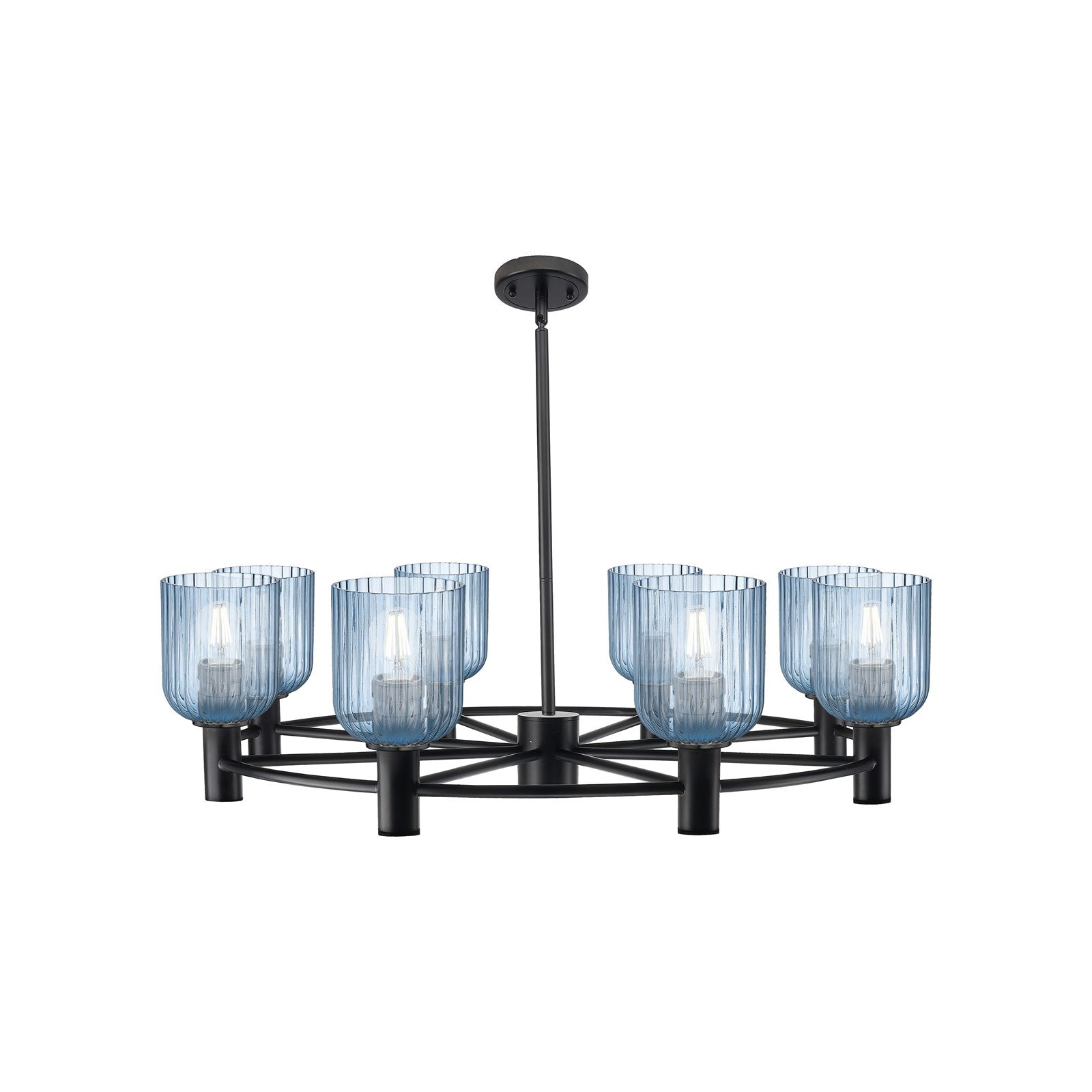 Innovations Crown Point 34.625in 8-Light Chandelier | Industrial Matte Black and Princess Blue Glass | Dining Room | Model 434-8CR-BK-G559-5BL