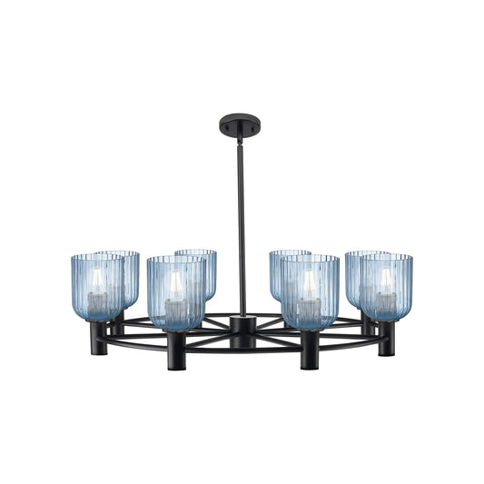 Innovations Crown Point 34.625in 8-Light Chandelier | Industrial Matte Black and Princess Blue Glass | Dining Room | Model 434-8CR-BK-G559-5BL