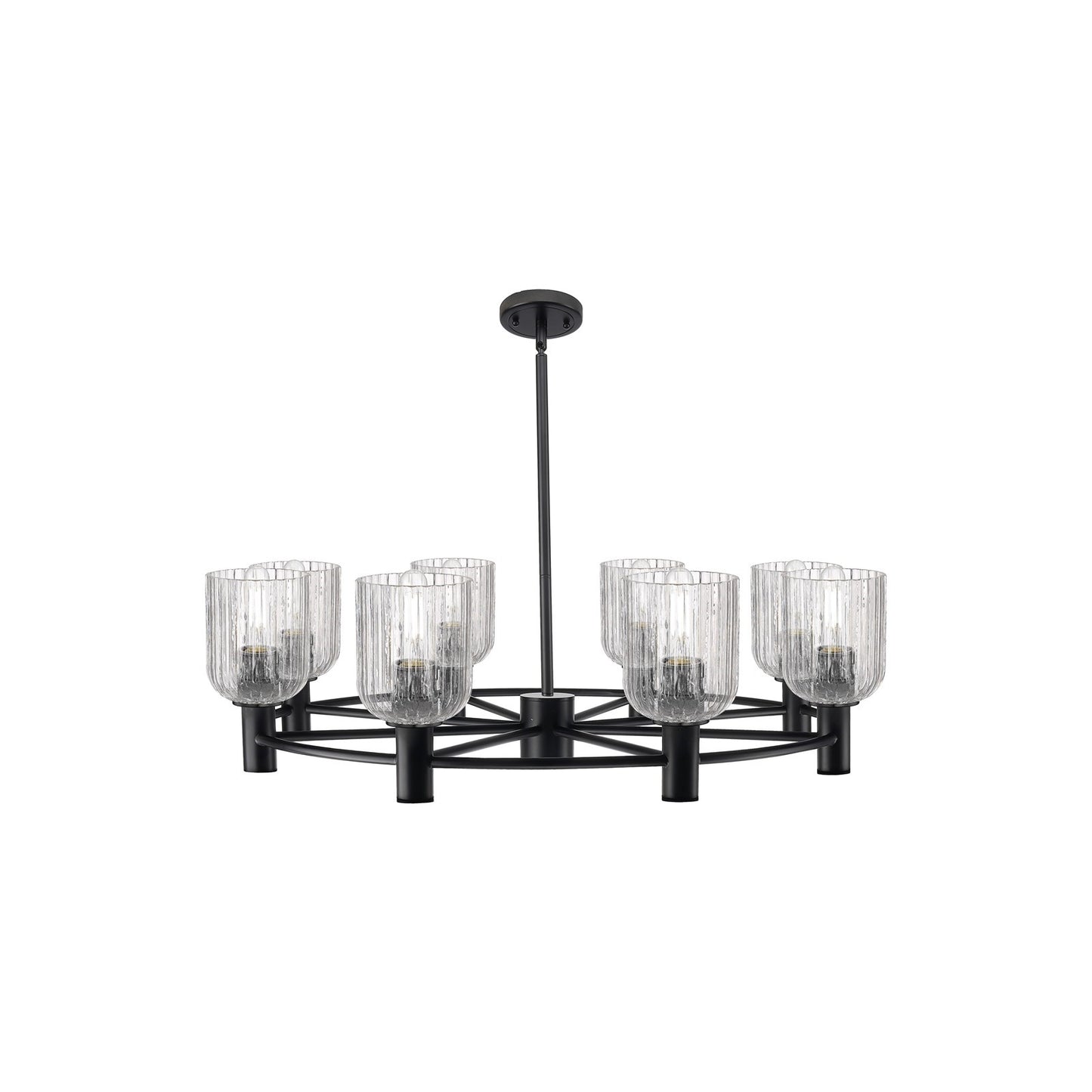 Innovations Crown Point 34in 8-Light Chandelier | Industrial Matte Black and Clear Ribbed Glass | Kitchen Island & Dining | Model 434-8CR-BK-G559-5CL