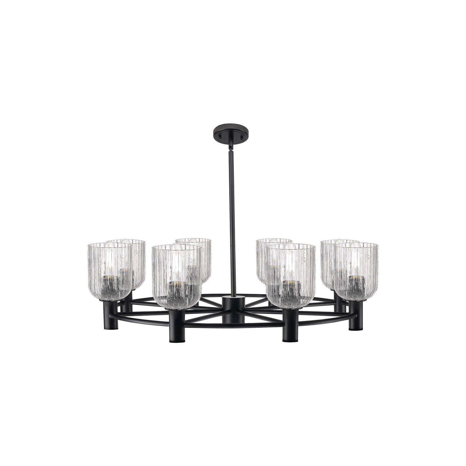 Innovations Crown Point 34in 8-Light Chandelier | Industrial Matte Black and Clear Ribbed Glass | Kitchen Island & Dining | Model 434-8CR-BK-G559-5CL