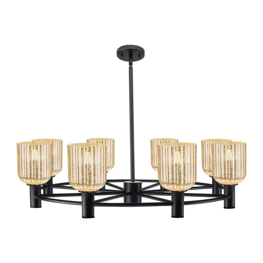 Innovations Crown Point 34in 8-Light Chandelier | Industrial Matte Black and Mercury Ribbed Glass | Kitchen Island | Model 434-8CR-BK-G559-5ME