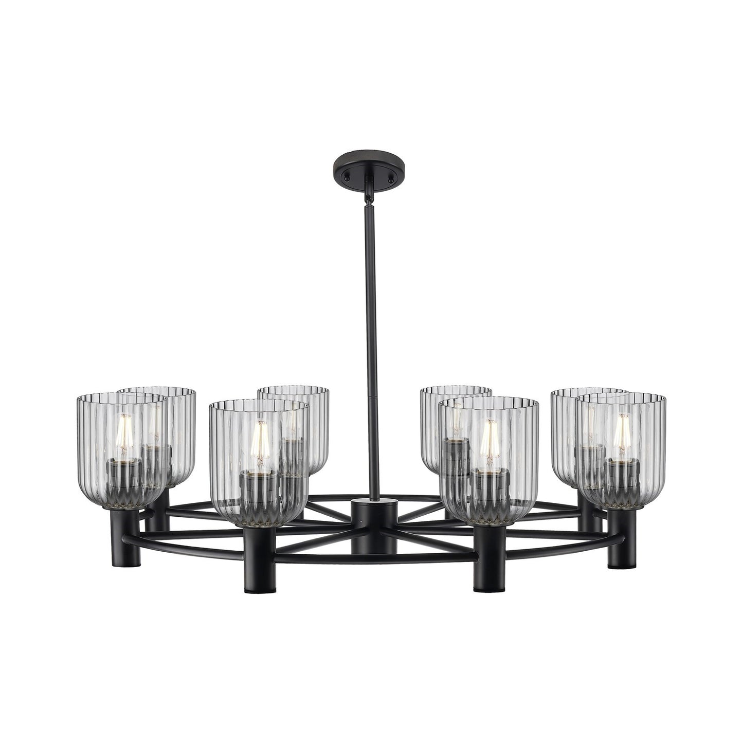 Innovations Crown Point 35in 8-Light Chandelier | Industrial Matte Black and Light Smoke Glass | Dining Room & Kitchen | Model 434-8CR-BK-G559-5SM