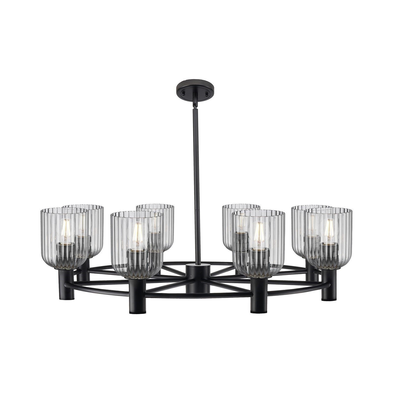 Innovations Crown Point 35in 8-Light Chandelier | Industrial Matte Black and Light Smoke Glass | Dining Room & Kitchen | Model 434-8CR-BK-G559-5SM