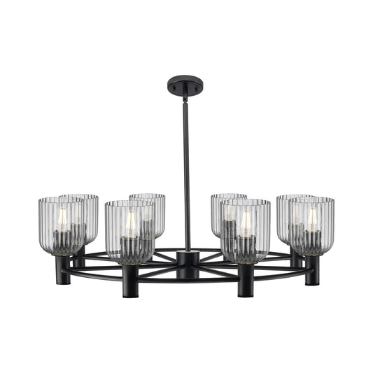 Innovations Crown Point 35in 8-Light Chandelier | Industrial Matte Black and Light Smoke Glass | Dining Room & Kitchen | Model 434-8CR-BK-G559-5SM