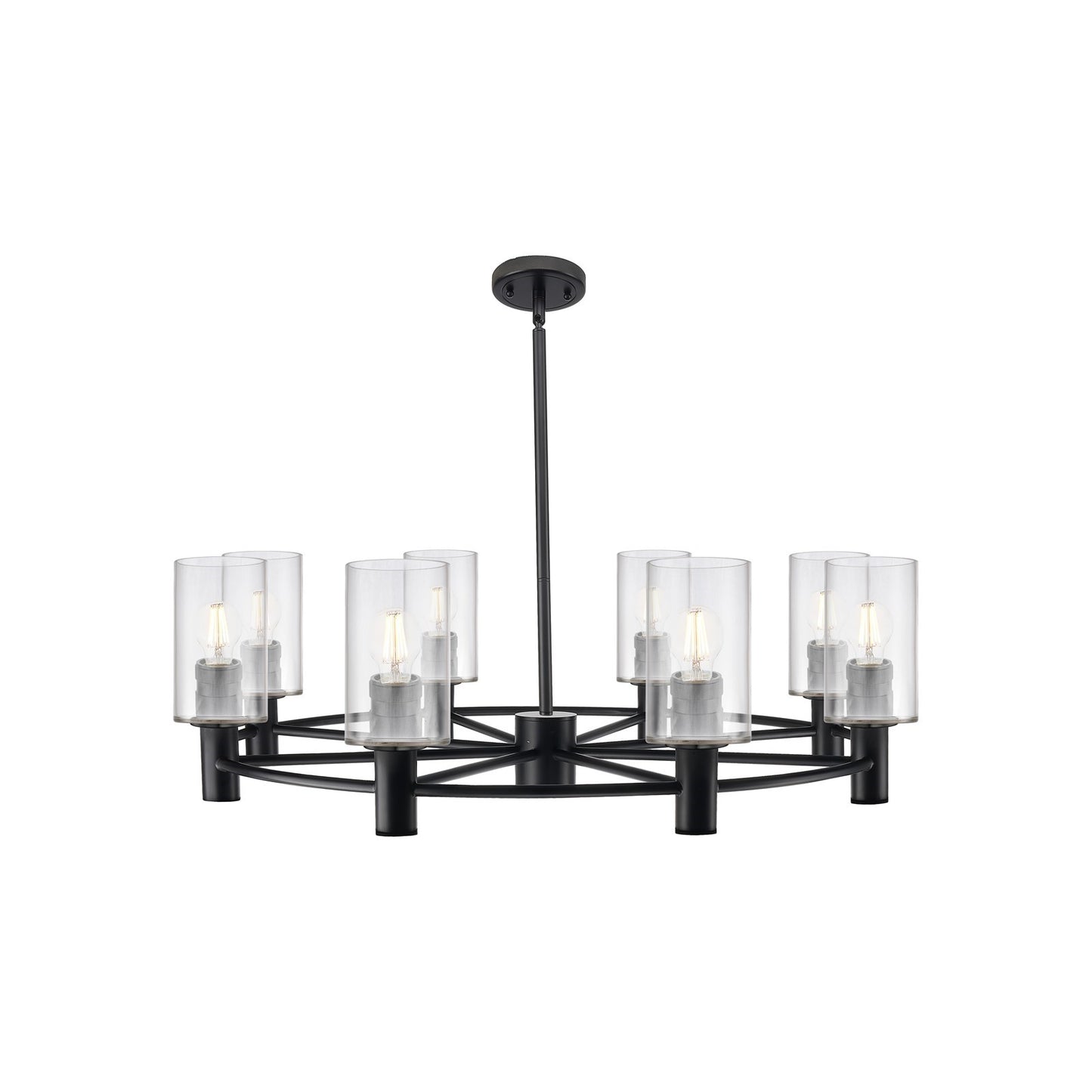 Innovations Clymer 34in 8-Light Chandelier | Industrial Matte Black and Clear Glass | Dining Room & Foyer | Model 434-8CR-BK-G802