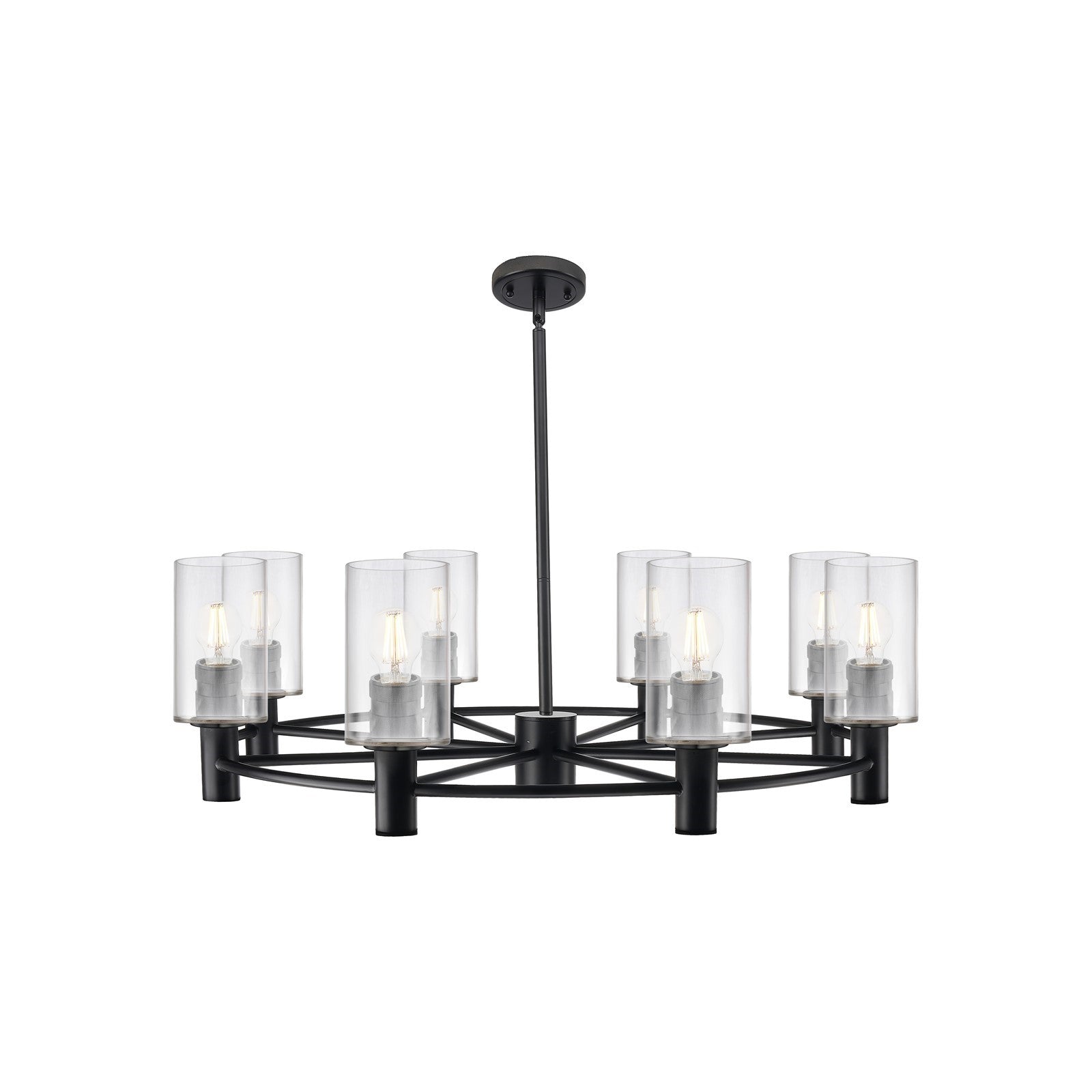 Innovations Clymer 34in 8-Light Chandelier | Industrial Matte Black and Clear Glass | Dining Room & Foyer | Model 434-8CR-BK-G802