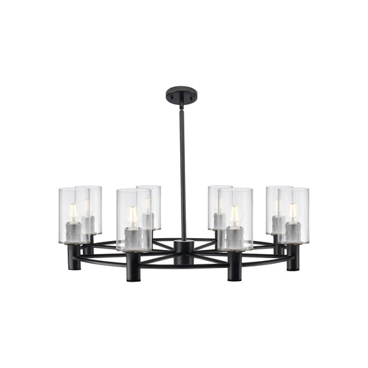 Innovations Clymer 34in 8-Light Chandelier | Industrial Matte Black and Clear Glass | Dining Room & Foyer | Model 434-8CR-BK-G802