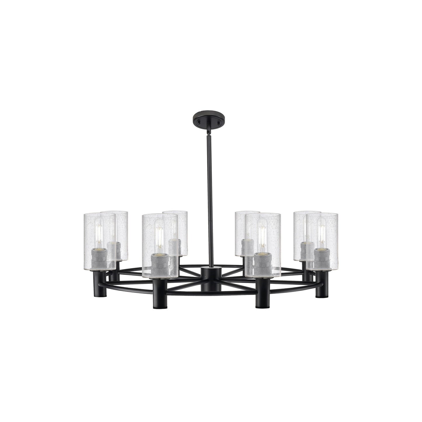 Innovations Clymer 34in 8-Light Chandelier | Industrial Matte Black and Seedy Glass | Dining Room & Foyer | Model 434-8CR-BK-G804