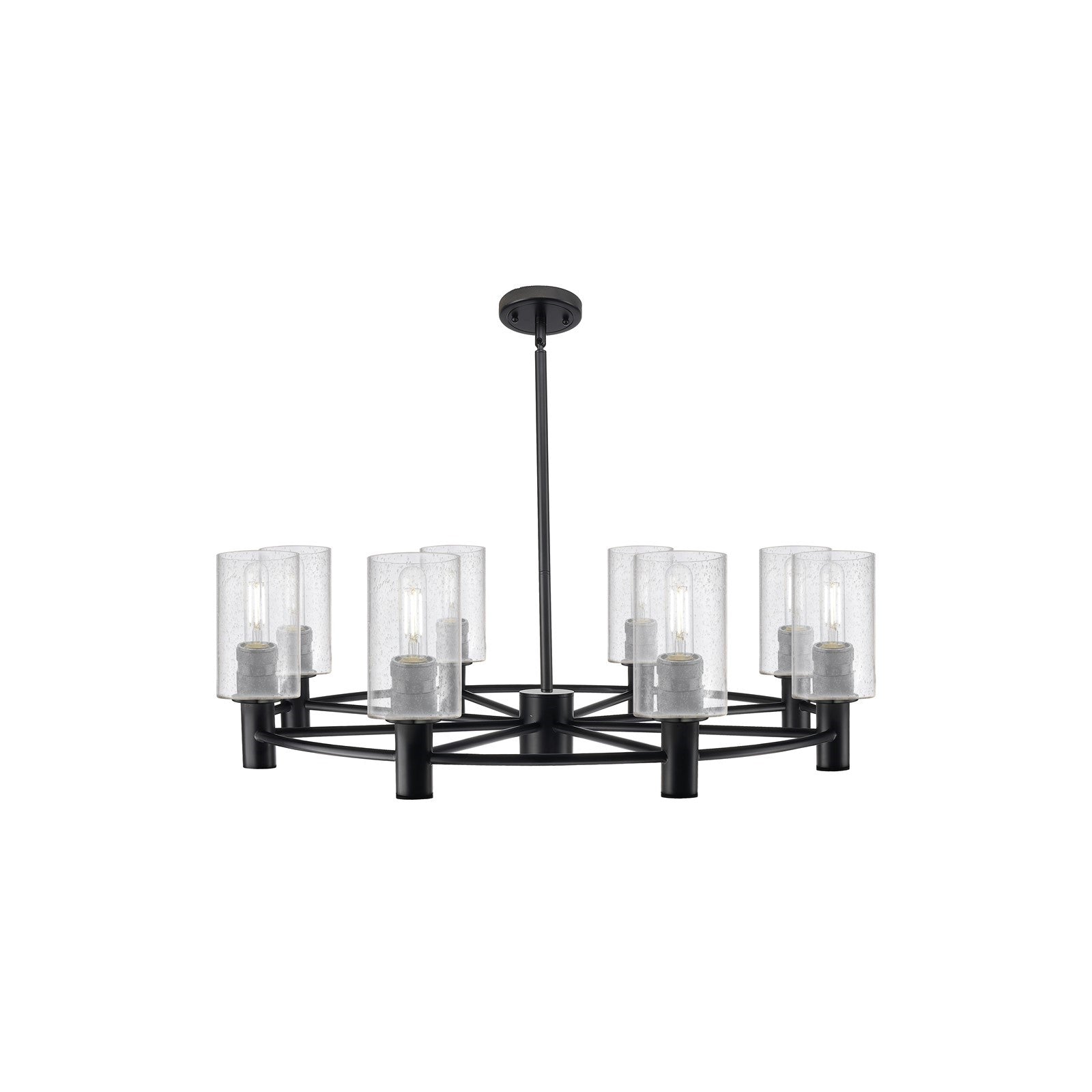 Innovations Clymer 34in 8-Light Chandelier | Industrial Matte Black and Seedy Glass | Dining Room & Foyer | Model 434-8CR-BK-G804