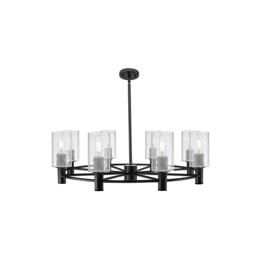 Innovations Clymer 34in 8-Light Chandelier | Industrial Matte Black and Seedy Glass | Dining Room & Foyer | Model 434-8CR-BK-G804