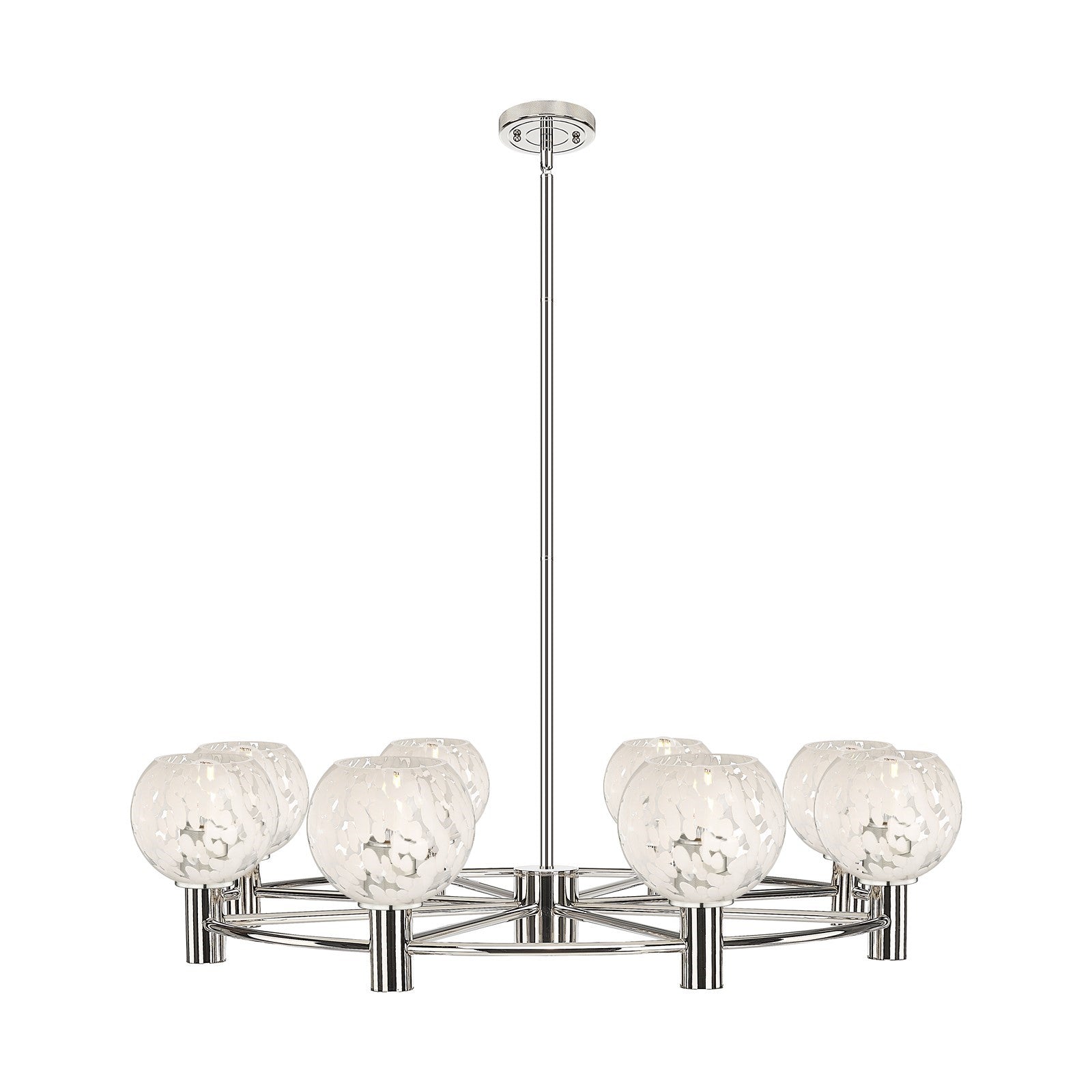 Innovations White Mouchette 36in 8-Light Chandelier | Industrial Polished Nickel and White Glass | Dining Room & Foyer | Model 434-8CR-PN-G1216-6WM