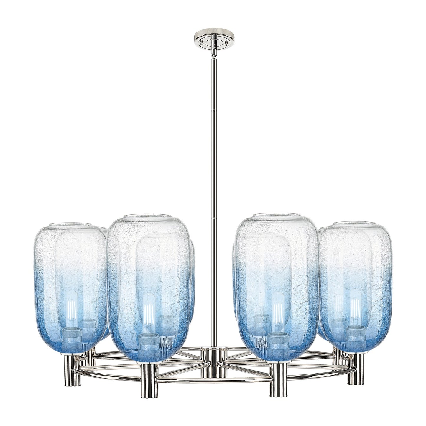 Innovations Brookhaven Cloche 36in 8-Light Chandelier | Industrial Polished Nickel and Sapphire Blue Glass | Dining Room | Model 434-8CR-PN-G482-7SB