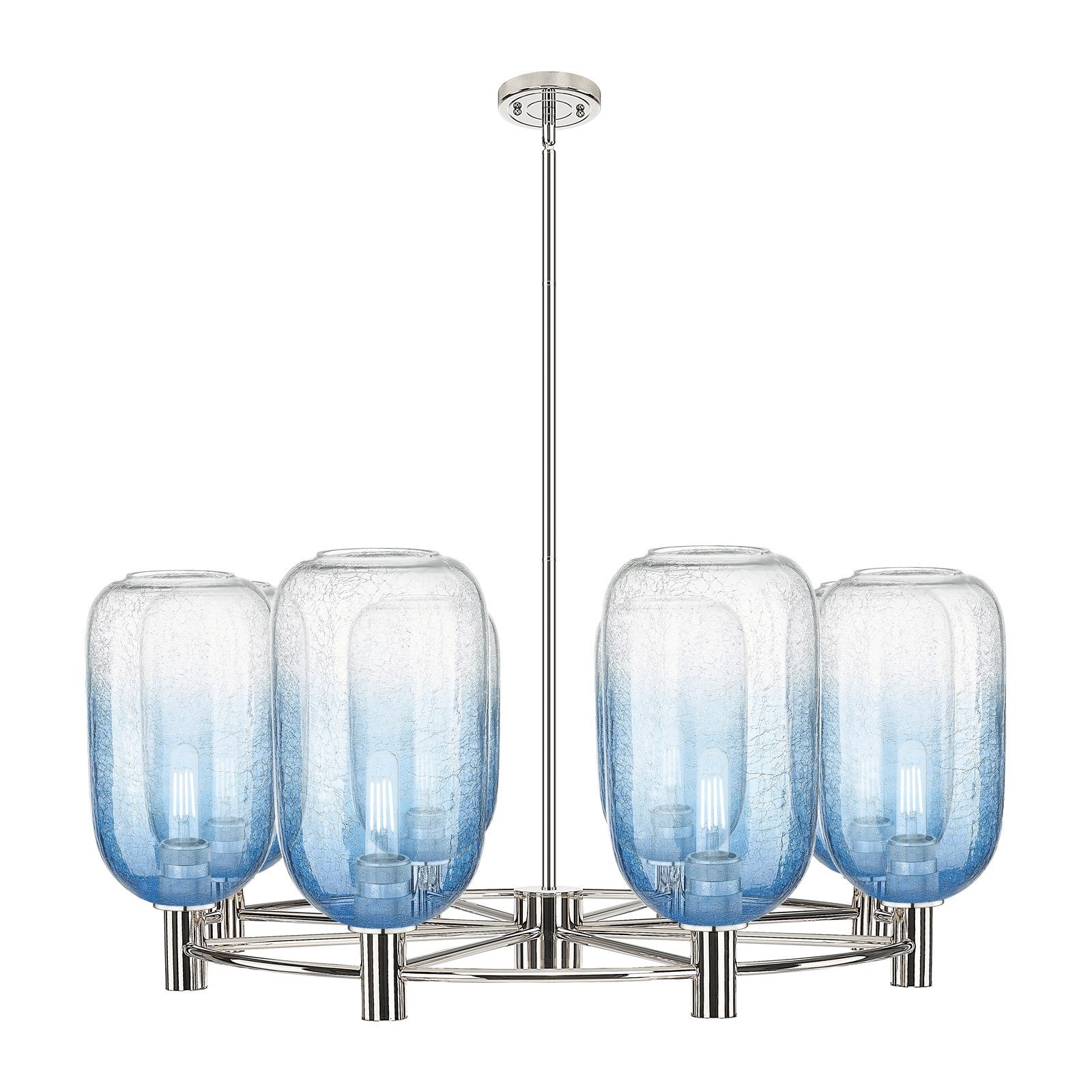 Innovations Brookhaven Cloche 36in 8-Light Chandelier | Industrial Polished Nickel and Sapphire Blue Glass | Dining Room | Model 434-8CR-PN-G482-7SB