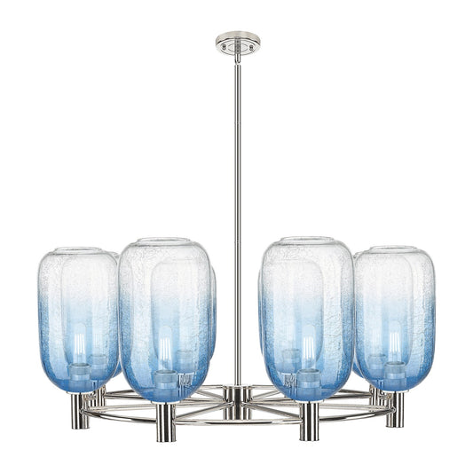 Innovations Brookhaven Cloche 36in 8-Light Chandelier | Industrial Polished Nickel and Sapphire Blue Glass | Dining Room | Model 434-8CR-PN-G482-7SB