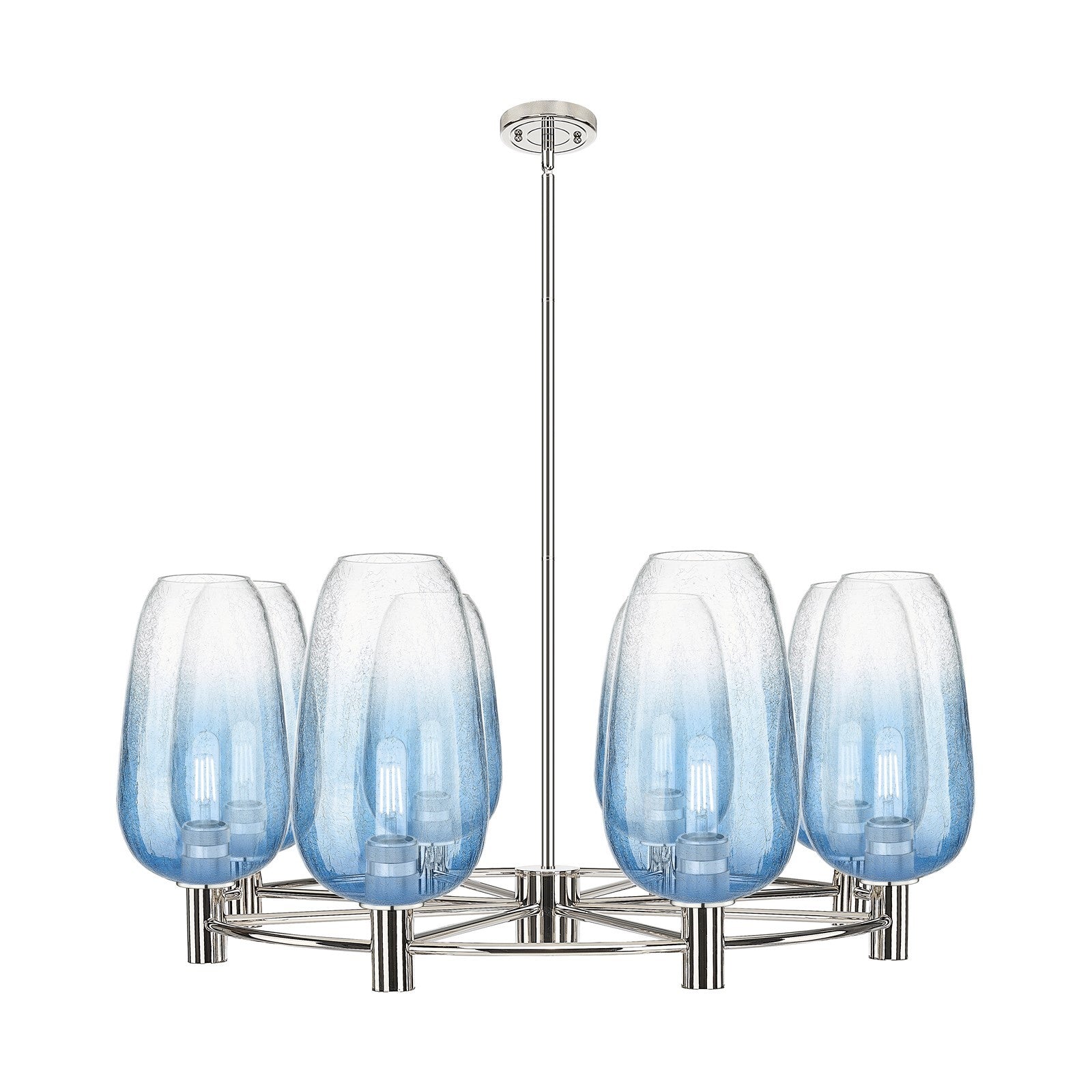 Innovations Brookhaven Flute 37in 8-Light Chandelier | Industrial Polished Nickel and Sapphire Blue Glass | Dining Room | Model 434-8CR-PN-G484-7SB