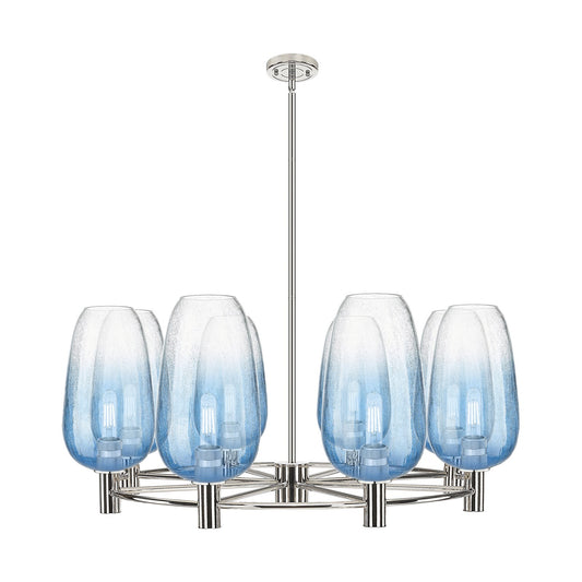 Innovations Brookhaven Flute 37in 8-Light Chandelier | Industrial Polished Nickel and Sapphire Blue Glass | Dining Room | Model 434-8CR-PN-G484-7SB