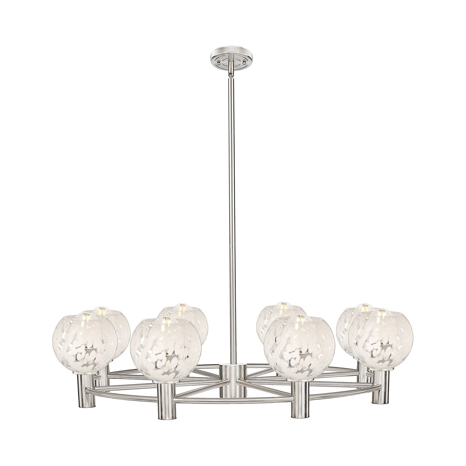 Innovations White Mouchette 36in 8-Light Chandelier | Industrial Satin Nickel and White Glass | Dining Room & Foyer | Model 434-8CR-SN-G1216-6WM