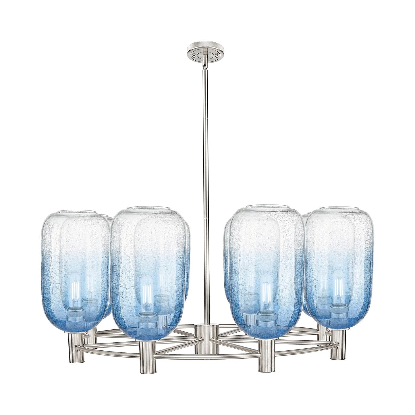 Innovations Brookhaven Cloche 36in 8-Light Chandelier | Industrial Satin Nickel and Sapphire Blue Glass | Dining Room | Model 434-8CR-SN-G482-7SB