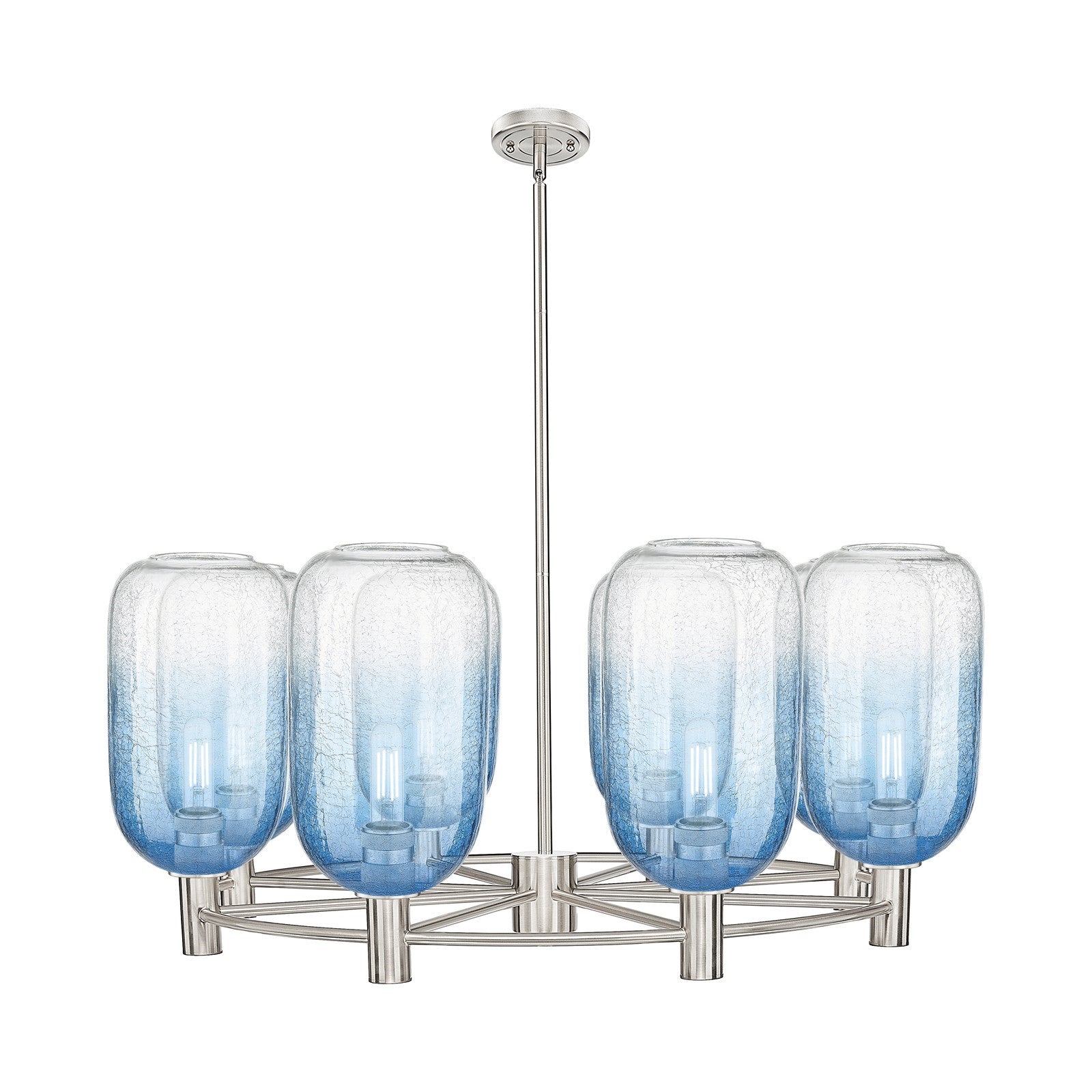 Innovations Brookhaven Cloche 36in 8-Light Chandelier | Industrial Satin Nickel and Sapphire Blue Glass | Dining Room | Model 434-8CR-SN-G482-7SB
