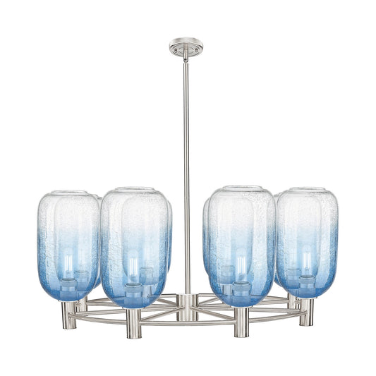 Innovations Brookhaven Cloche 36in 8-Light Chandelier | Industrial Satin Nickel and Sapphire Blue Glass | Dining Room | Model 434-8CR-SN-G482-7SB