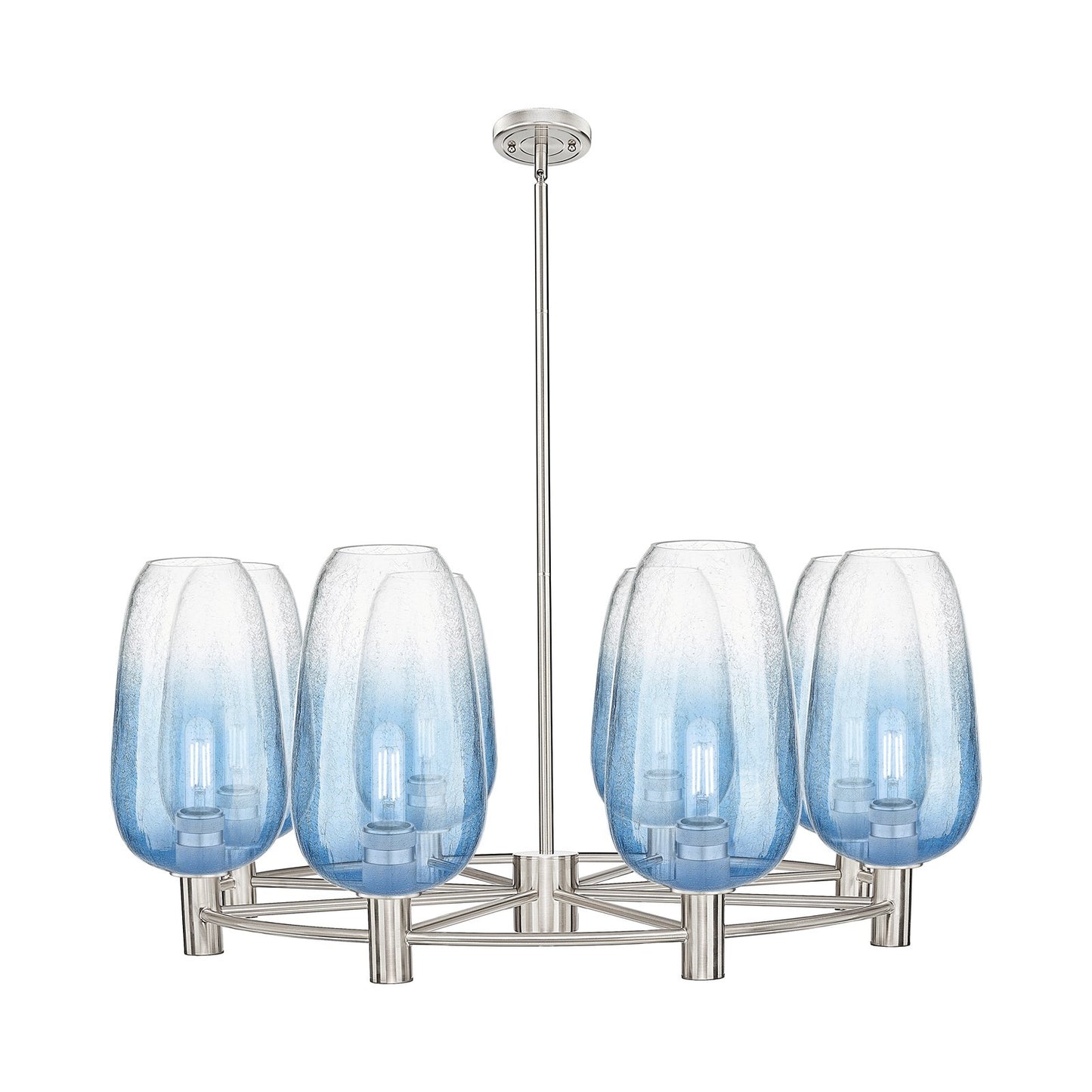 Innovations Brookhaven Flute 37in 8-Light Chandelier | Industrial Satin Nickel and Sapphire Blue Glass | Kitchen Island | Model 434-8CR-SN-G484-7SB