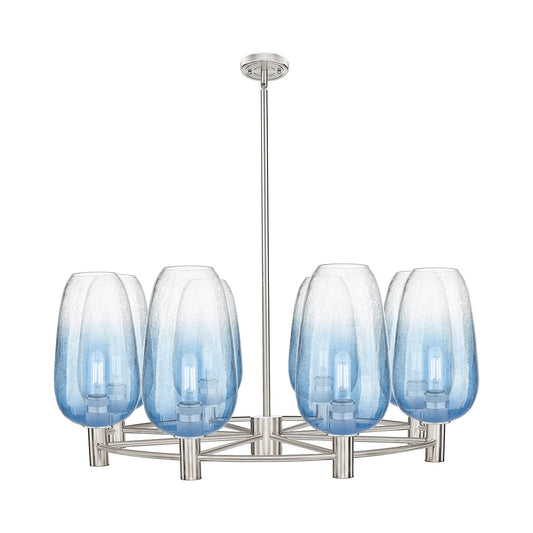 Innovations Brookhaven Flute 37in 8-Light Chandelier | Industrial Satin Nickel and Sapphire Blue Glass | Kitchen Island | Model 434-8CR-SN-G484-7SB