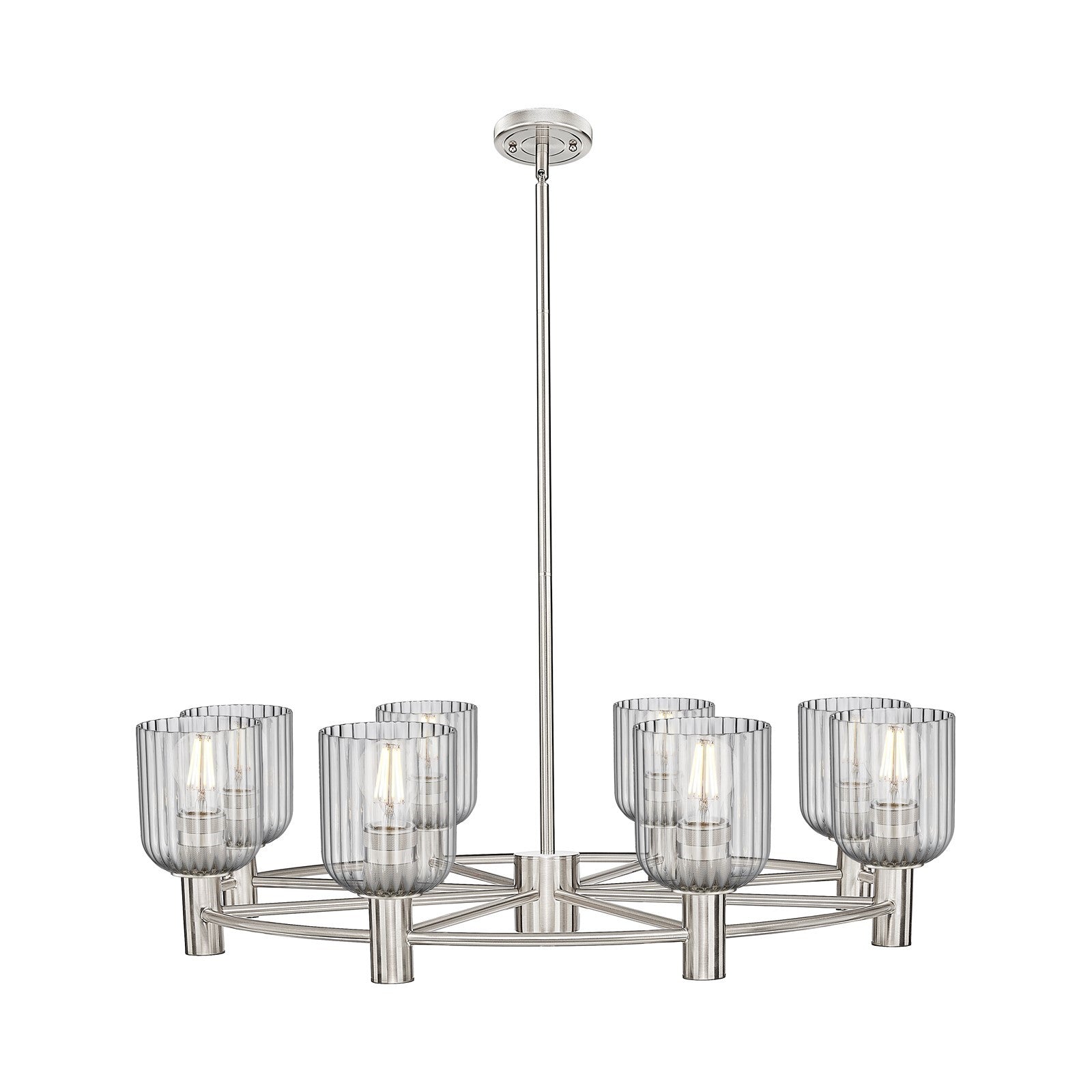Innovations Crown Point 35in 8-Light Chandelier | Industrial Satin Nickel and Light Smoke Glass | Dining Room & Foyer | Model 434-8CR-SN-G559-5SM