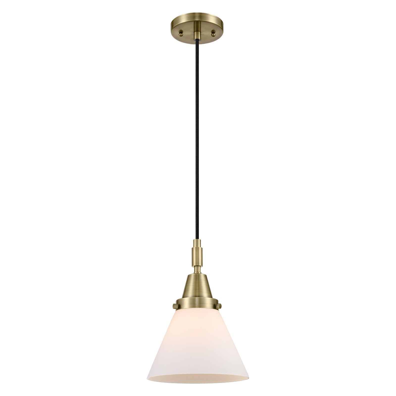Innovations Cone 8in 1-Light Mini Pendant | Industrial Antique Brass and Matte White Glass | Kitchen Island & Dining Room | Model 447-1P-AB-G41