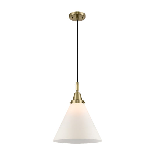 Innovations Cone 12in 1-Light Cord Hung Mini Pendant | Industrial Antique Brass and Matte White Glass | Kitchen Island | Model 447-1P-AB-G41-L
