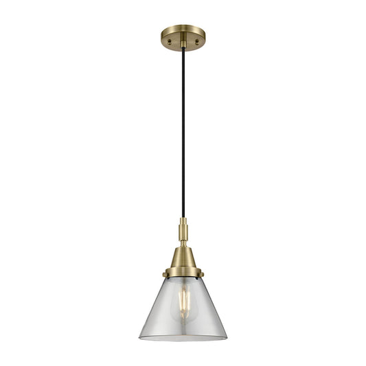 Innovations Cone 8in 1-Light Mini Pendant | Industrial Antique Brass and Light Smoke Glass | Kitchen Island & Dining Room | Model 447-1P-AB-G43