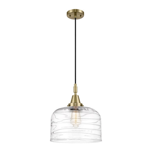 Innovations Bell 12in 1-Light Mini Pendant | Industrial Antique Brass and Clear Deco Swirl Glass | Kitchen Island & Dining | Model 447-1P-AB-G713-L