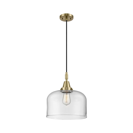 Innovations Bell 12in 1-Light Mini Pendant | Industrial Antique Brass and Clear Glass | Kitchen Island & Dining Room | Model 447-1P-AB-G72-L