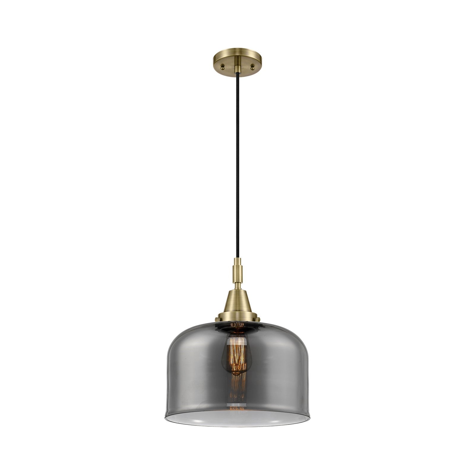 Innovations Bell 12in 1-Light Mini Pendant | Industrial Antique Brass and Light Smoke Glass | Kitchen Island & Dining Room | Model 447-1P-AB-G73-L