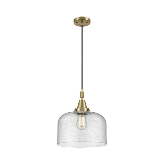 Innovations Bell 12in 1-Light Mini Pendant | Industrial Antique Brass and Seedy Glass | Kitchen Island & Dining Room | Model 447-1P-AB-G74-L