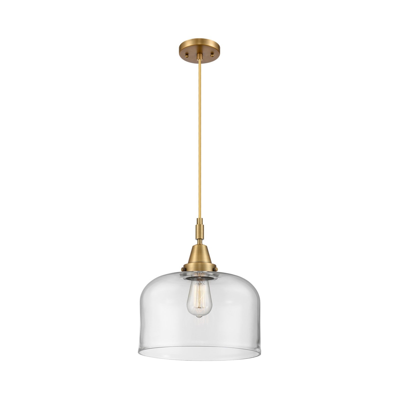 Innovations Bell 12in 1-Light Mini Pendant | Industrial Brushed Brass and Clear Glass | Kitchen Island & Dining Room | Model 447-1P-BB-G72-L
