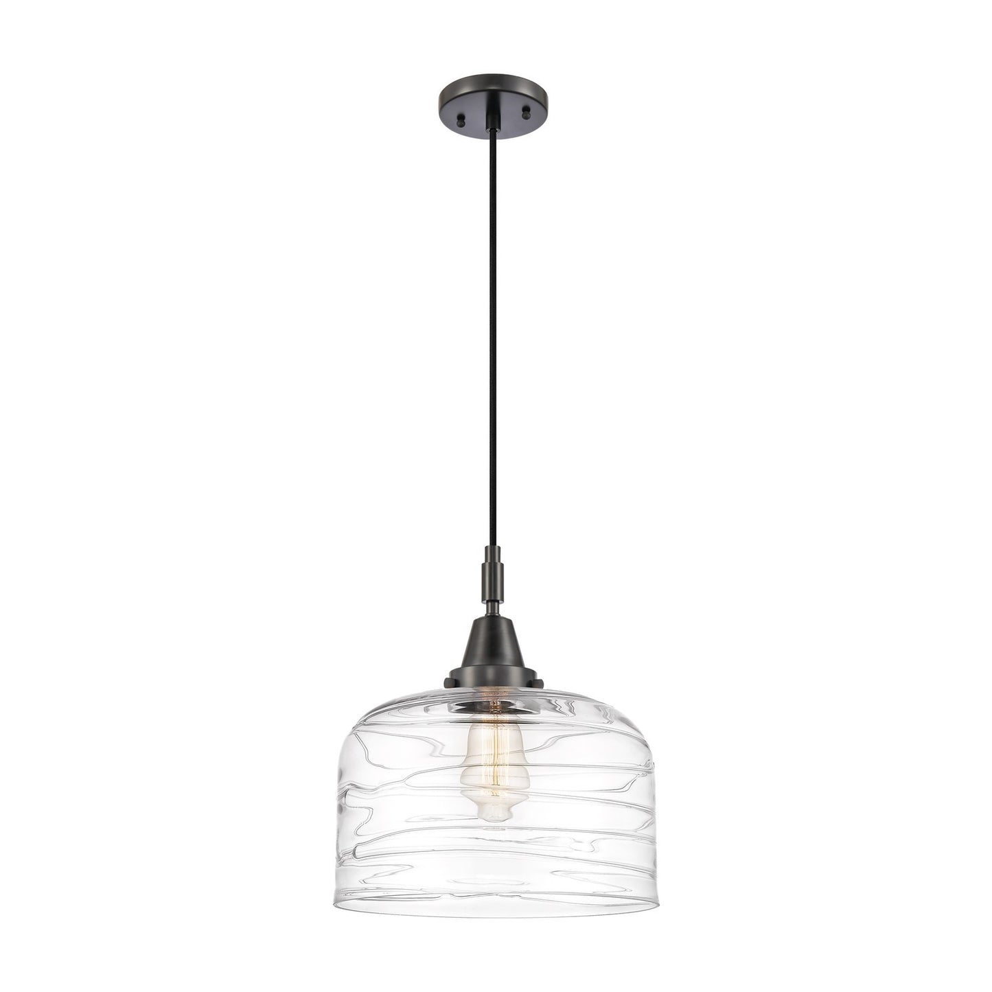 Innovations Bell 12in 1-Light Mini Pendant | Industrial Matte Black and Clear Deco Swirl Glass | Kitchen Island & Dining | Model 447-1P-BK-G713-L